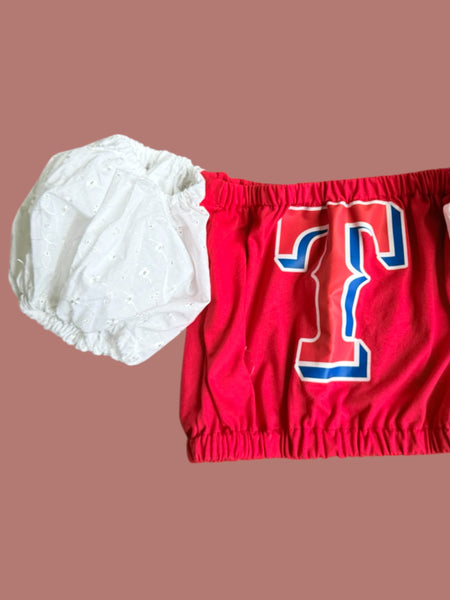 Texas Rangers Red Color Block Puff a/Eyelit Puffs(Choose between a T Shirt Puff or Off Shoulder)