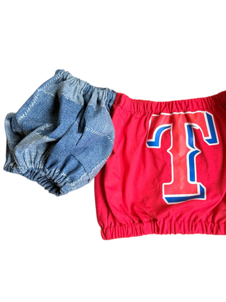 Texas Rangers Red Denim Block Puff (Choose between a T Shirt Puff or Off Shoulder)