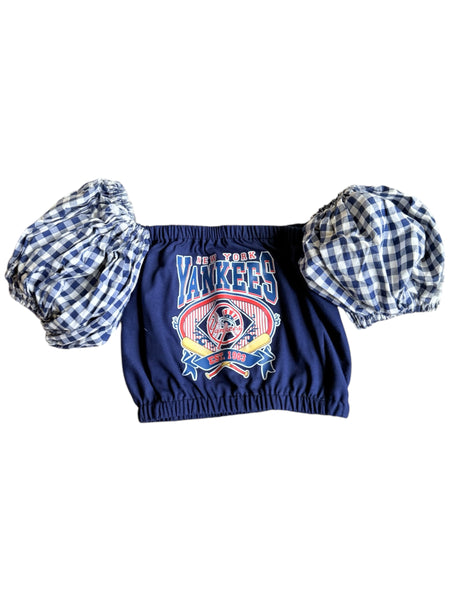 NY Yankees Navy Gingham Puff (Choose between a T Shirt Puff or Off Shoulder)