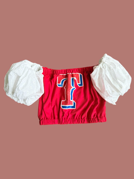 Texas Rangers Red Color Block Puff a/Eyelit Puffs(Choose between a T Shirt Puff or Off Shoulder)