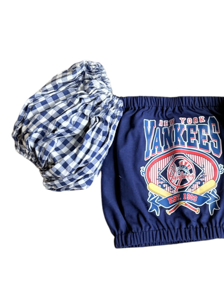 NY Yankees Navy Gingham Puff (Choose between a T Shirt Puff or Off Shoulder)