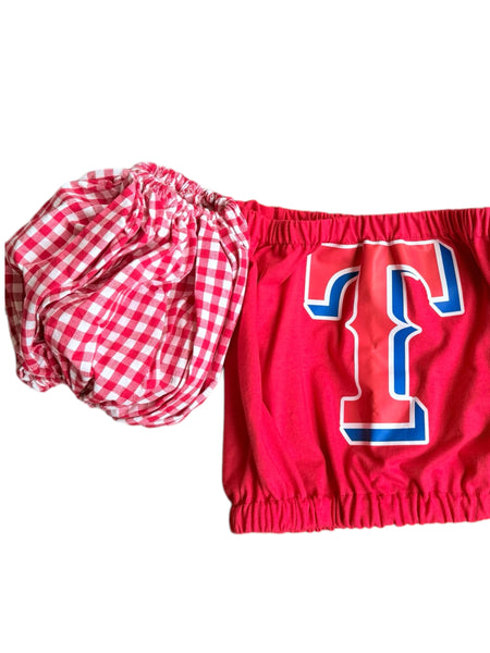 Texas Rangers Red Gingham Color Block Puff (Choose between a T Shirt Puff or Off Shoulder)