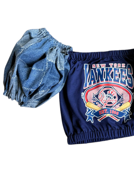 NY Yankees Denim Block Puff (Choose between a T Shirt Puff or Off Shoulder)