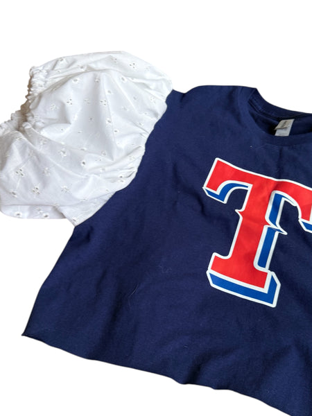 Texas Rangers Navy Color Block Puff w/eyelit detailed fabric (Choose between a T Shirt Puff or Off Shoulder)