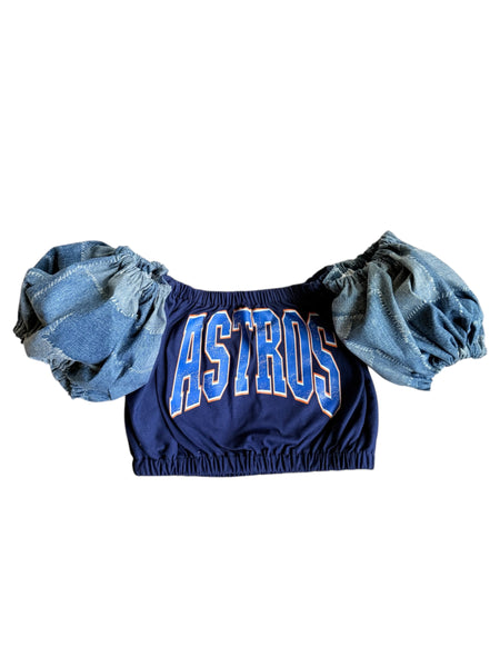 READY TO SHIP Astros Denim Puff(Choose between a T Shirt Puff or Off Shoulder)