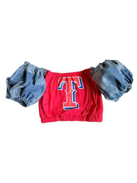 Texas Rangers Navy Color Block Puff w/eyelit detailed fabric (Choose between a T Shirt Puff or Off Shoulder)