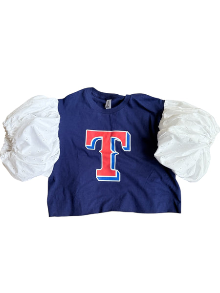Texas Rangers Navy Color Block Puff w/eyelit detailed fabric (Choose between a T Shirt Puff or Off Shoulder)