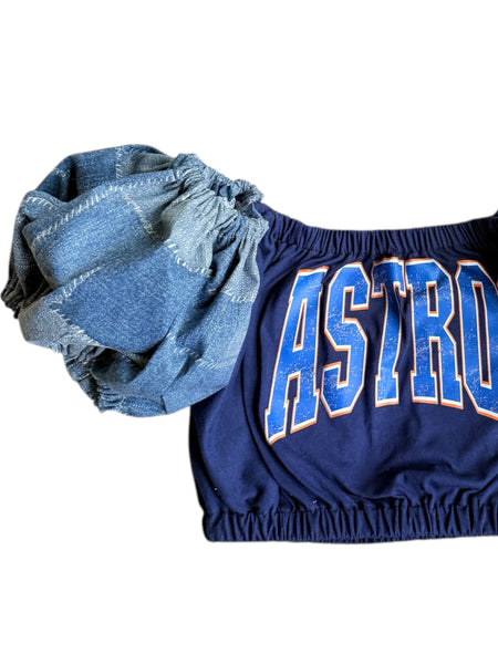 READY TO SHIP Astros Denim Color Block Puff (Choose between a T Shirt Puff or Off Shoulder)