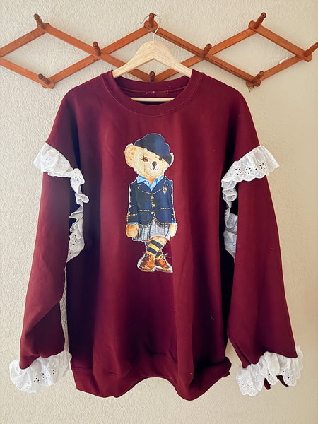 Collegiate Teddy Maroon Ruffle Crewneck